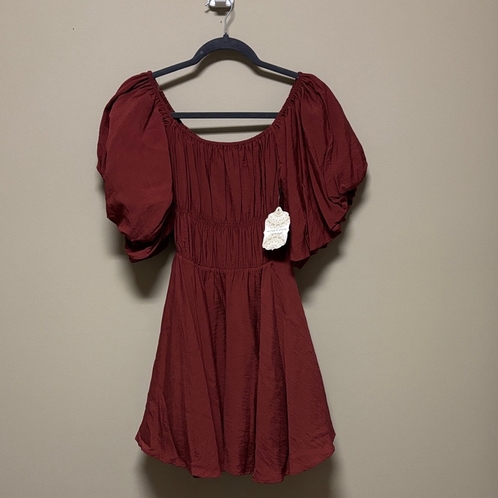 NWT Altar’d State Elegant Burgundy Dress with Puff Sleeves Size Small